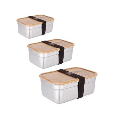 China Freshness Keeping New Amazon 304 Stainless Steel Wooden Bento Lunch Storage Food Box Set Bamboo Custom With Natural Bamboo Lid For Kid School for sale