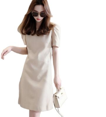 China Breathable Embroidered White Onion Pleated Bubble Sleeved Round Worsted Waistline Wool Neck Little Perfume Dress For Fall for sale