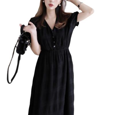 China Breathable black French shell buckle butterfly V-neck special pleating technology with black dress of drooping and elastic feeling a little for sale