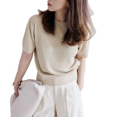 China Anti-Wrinkle Containing Fine Silk Tencel Dough Raw Fried Twists Knitted Short Sleeve Knitted Sweater for sale