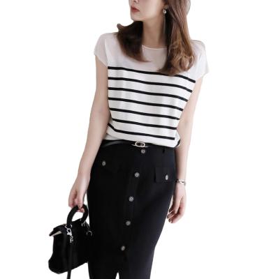 China Durable Classic Black And White Striped Line One Neck Lightly Striped Knit One Quarter Sleeve Vest For Women for sale