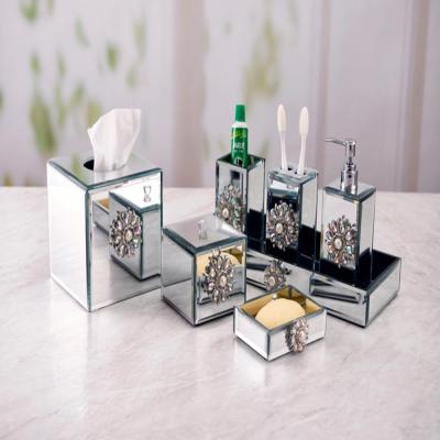 China Sustainable Glass Bathroom Accessories Set Include Soap Dispenser Tumbler Soap Dish Bath Gift Sets for sale