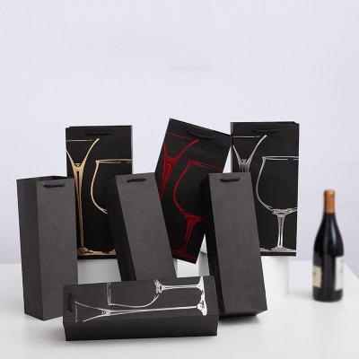 China High Grade Black Red Wine Card Gift Double Pack Wine Packaging Bag Recyclable Single Bag Package Bronzing Kraft Paper Bag for sale