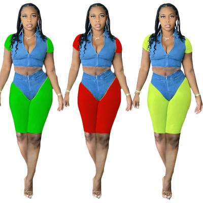 China 2021 Summer Women Solid Color Waterproof Popular Short Sleeve Two Piece Set Biker 2 Piece Short Set for sale