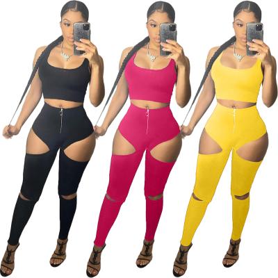 China Waterproof Club Wear 2 Piece Women Clothing Set Girls Two Piece Pants Set Ladies Halter Ripped 2 Piece Sets for sale