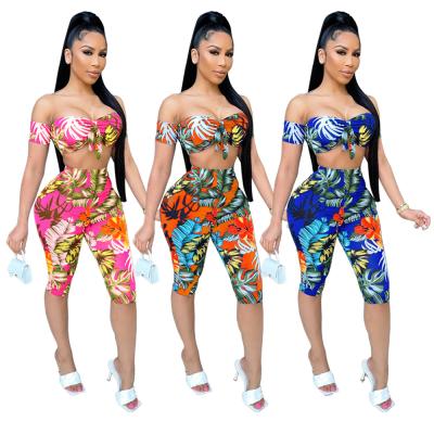 China 2021 waterproof two-piece set summer off the shoulder two-piece pants set stripe cycling shorts short two-piece set for sale