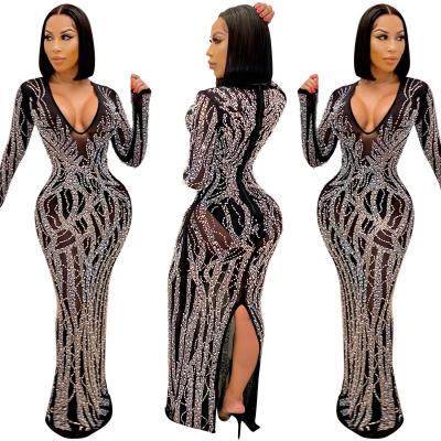 China 2021 Wholesale Breathable V Neck Rhinestone Women Party Dresses Maxi Mesh Dress Long Sleeve Casual Dresses for sale