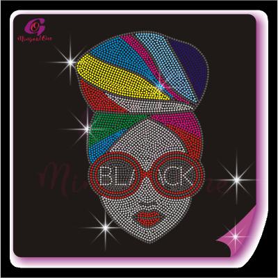 China Custom Made Black Lady Rhinestone Heat Transfer Flatback Fashion Afro Girl Design Hotfix Rhinestone Transfer Lovely for sale