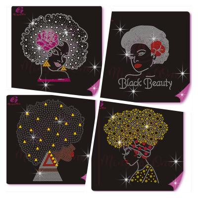 China Best Selling Custom Flatback Sparkle Black Afro Lady Iron On Stone Design Rhinestone Transfer Pattern for sale