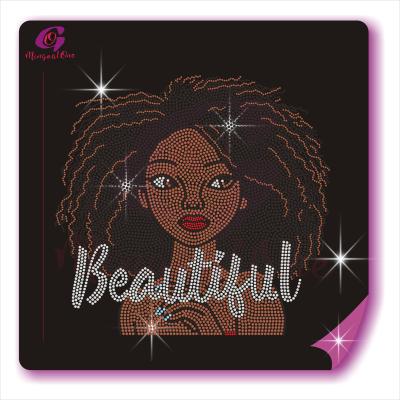 China Customized Beautiful Lady Cartoon Afro Girl Flatback Hotfix Iron On Pattern Design Rhinestone Transfer For Shirt for sale