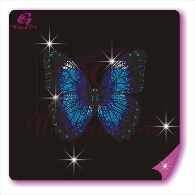 China Blue Cute Butterfly Flatback Hotfix Friction Iron On Pattern Design Rhinestone Transfer For Shirt for sale