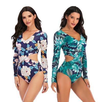 China Free Sample Sexy Swimwear Floral Print Long Sleeve Breathable Swimwear Surfing One Piece Swimsuit Women for sale