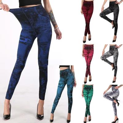 China Wholesale Antibacterial Women Stretch Casual Jeans Butt Lift Jeans Pants Multicolor Imitate Jeans Nine Dots Pants Women's Gaiters for sale