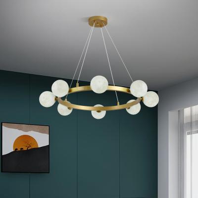 China Modern Home Moon Shape Pendant Lamp 3D Glass Ball Living Room Electroplating Brass Pendant Lamp for sale