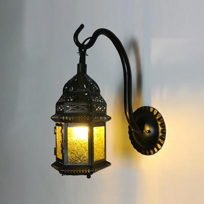 China Retro Corridor Wall Lamp Western Mediterranean Restaurant Morocco Bar Decorative Wall Lamp Hollow Out Wrought Iron Glass Wall Lamp for sale