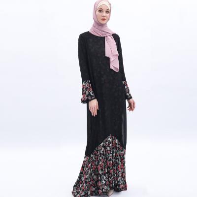 China High Quality Floral Print Chiffon + Black Chiffon Printed Muslim Long Sleeve Casual Dress Plus Size Abaya Dress Muslim Dresses and Abaya For Women Lady Large Size for sale