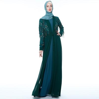 China High Quality Chiffon Fabric With Sequins Tassel Long Robe Hijab Muslim Dress Ramadan Abayas For Women Kaftan Islamic Clothing Dubai Abaya Kimono Solid Open Cardigan Turkey for sale