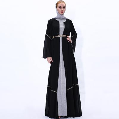 China High Quality Polyester With Chiffon 2022 Newest Women Satin Abayas Muslim Open Abaya Silk Kimono With Belt for sale