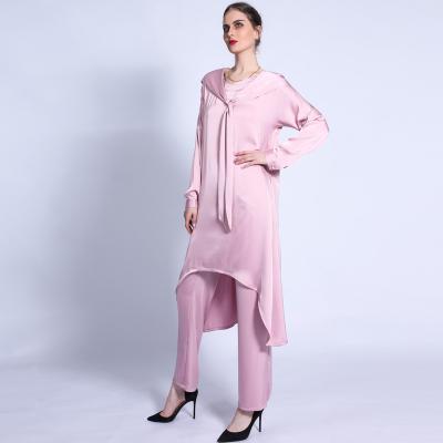 China High Quality Polyester Fabric Solid Color Turkish Hat And Lace Up Two Piece Jacket+Pants Summer Muslim Women Clothing In Stock for sale