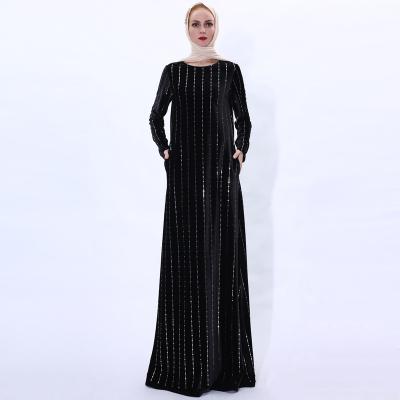 China High Quality Sleeve Fabric Pleuche Sequins Vertical Stripe Hooded Modest Muslim Dress Long Last With Pearl With Cover Swimming Main Dress For Muslim Ladies for sale