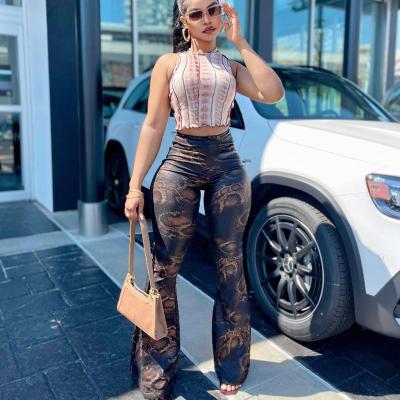 China Anti-wrinkle Sandtree Q21PT245 Casual Snake Print Flared Pants 2021 New Arrivals High Waist Plus Size Clothing Pants Streetwear Jogger for sale