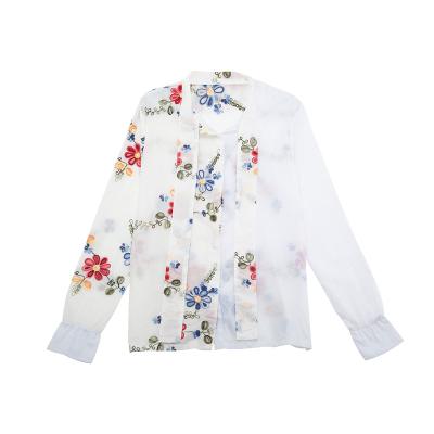 China Latest Custom Career Anti-pilling Professional Women Blouses Popular Causal Designs Flower Embroidered Big Blouse For Sexy Ladies for sale