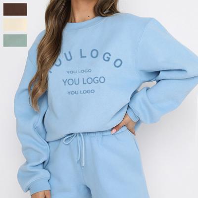 China Custom Logo Women Sporty Ribbed Crewneck Loose Sweatshirt Long Lasting Drop Shoulder Sleeve Fleece Cotton Hoodies for sale