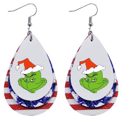 China FASHIONABLE faux leather 3 layers dangle earrings for christmas party grinch theme jewelry moq low wholesale for sale