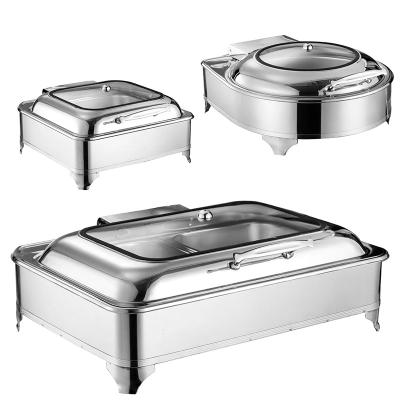 China Restaurant Serving Chafing Dish Stainless Steel Transparent Cover Electric Buffet Stove Rectangular Solid Heat Preservation Hot Pot Alcohol Heater for sale