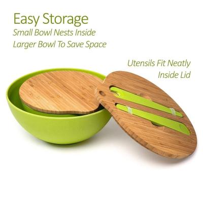 China Biodegradable and Eco Friendly BPA Free Viable Food Grade Bamboo Fiber Salad Bowl Set with Salad Server and Bamboo Lid for sale