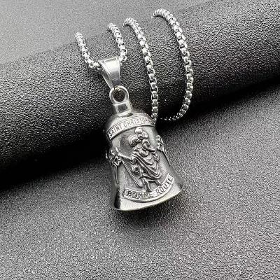 China Religious Punk Motorcycle Jewelry Stainless Steel Saint Christopher Bell Pendant Necklace for sale