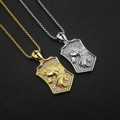 China Fashion Religious Jewelry Stainless Steel Rhinestone Full Unicorn Horse Head Men's Pendant Necklace for sale