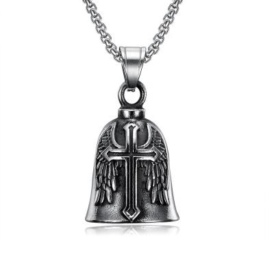 China New Vintage Stainless Steel Motorcycle Wind Men's Pendant Feather Wings Angel Crusader Bell Pendant for sale