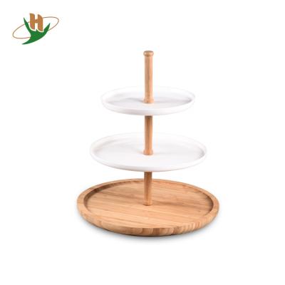 China Sustainable Round 3-Tier Bamboo And Ceramic Desserts , Appetizers Display Tray Stand Tower Serving for sale