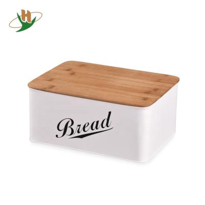 China Sustainable Kitchen Countertop Bread Bin Vintage And Retro Metal Bread Bin With Bamboo Lid for sale