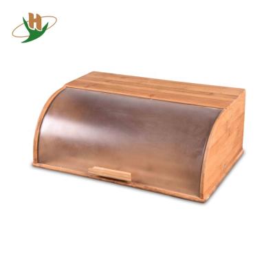 China Sustainable Wooden Countertop Food Storage Bin Bamboo Bread Box With Plastic Rolltop Cover for sale