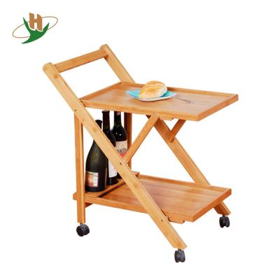 China Sustainable Universal Wooden Storage Kitchen Trolley Row 2 Tier Bamboo Rolling Cart With Wheels for sale