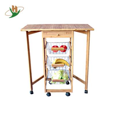 China eco-friendly rolling kitchen cart drop-leaf foldable hand bamboo vegetable cart for sale for sale