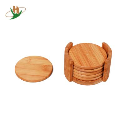 China Sustainable Non-Toxic Bamboo Wooden Round Mug Coaster Set With Stand for sale