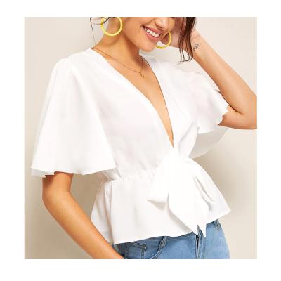 China OEM Fashion Women Anti-pilling Neck Butterfly Sleeve Causal Dip Link Front Top Blouses for sale