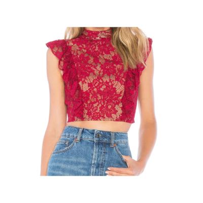 China Latest Anti Shrink Wholesale Women Crop Length Ruffle Trim Lace Tank Top for sale