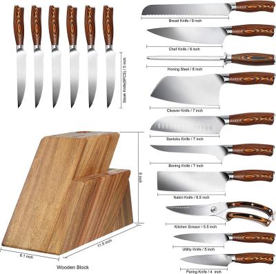 China 17 PCS Disposable Kitchen Knife Set For Kitchen Block German Steel X50CrMov15 Blade Knife Block Set Full Tang Pakkawood Handle for sale