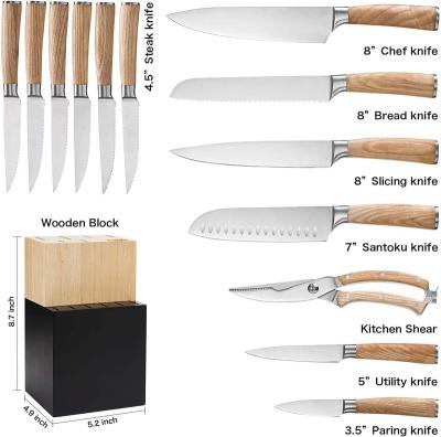 China 14 PCS Disposable Knife Block Set Ultra Sharp High Carbon Wholesale Knives Wood Handle Stainless Steel for sale