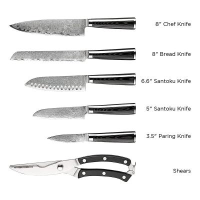 China Disposable 7 Pieces Damascus Knife Set VG10 Steel Micarta Handle Chef Knife Set Kitchen Shear Knife Sets For Kitchen for sale