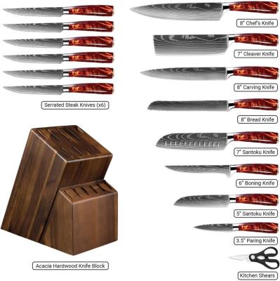 China 16 Piece Disposable Kitchen Knife Natural Wood Block Set Japanese Chef's Knife Set Laser Damascus Pattern Include Steak Knives for sale