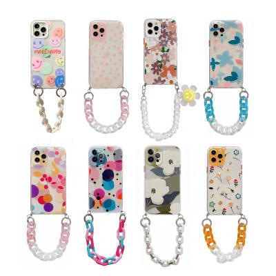 China Popular Anti-fall Watercolor Printing Cell Phone Case Girls For iPhone xsmax 12mini Chain Rope Phone Case for sale