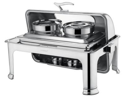 China Stainless Steel Rectangular Roll Top Chafing Dish Set With 2 x 4.0Ltr Soup Bucket Optional Visual Windowed Lid for sale