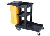 China Black Plastic Cleaning Cart with 3 Shelves and Yellow Vinyl Bag 4'' Non - Marking Casters and 8