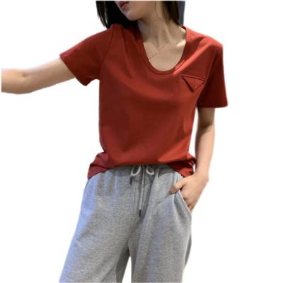 China 2022 High End Ice Silk Top Women's Cotton Solid Color T-shirt Short Sleeve U-shaped Mercerized Loose Base Large Size Loose Base Anti-wrinkle 2022 for sale