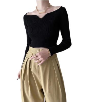 China Anti-pilling fashion petal collar shorts off the shoulder knitwear new show clavicle slim bottom shirt ladies show clavicle slim bottom shirt for sale